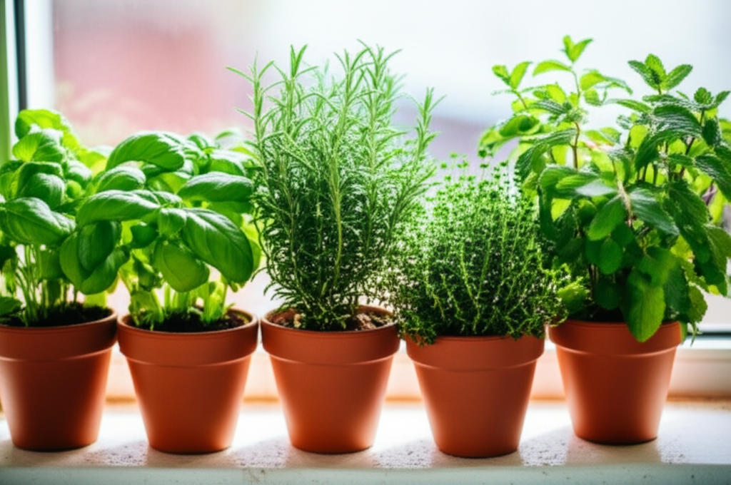 Fresh kitchen herbs in terracotta pots