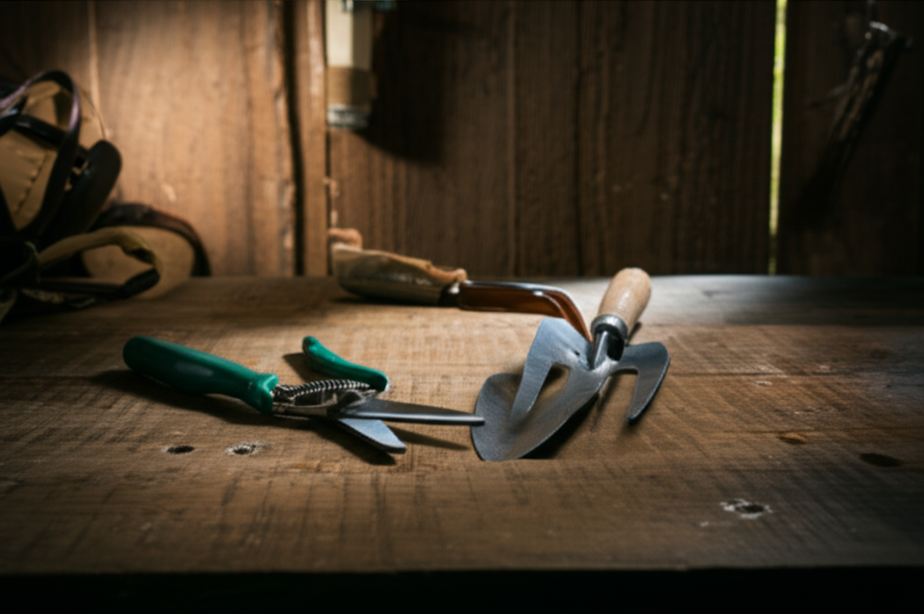 Garden tools on workbench being maintained