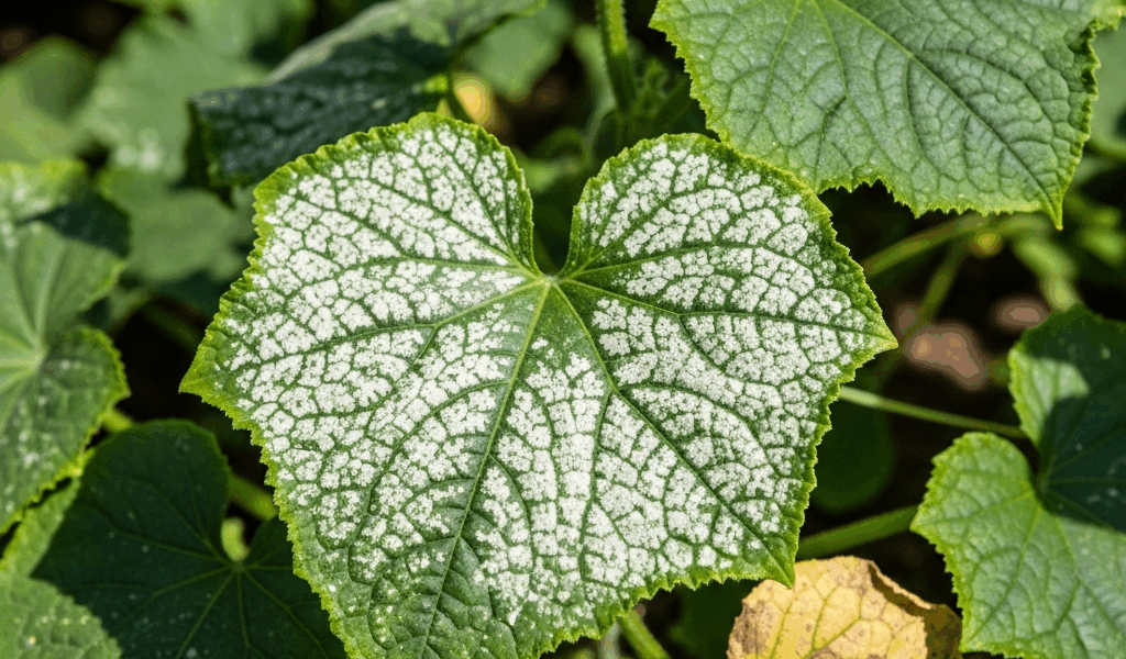 cucumber plant leaves with white powdery spots in vegetable 20260331 134008