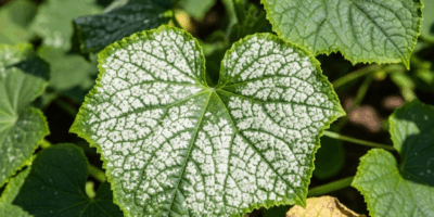 cucumber plant leaves with white powdery spots in vegetable 20260331 134008