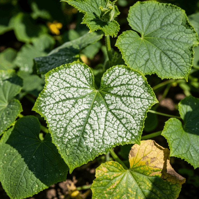 cucumber plant leaves with white powdery spots in vegetable 20260331 134008