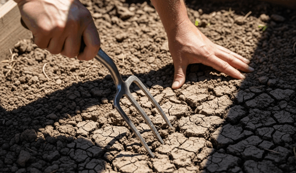 raised garden bed with compacted dry cracked soil showing ga 20260331 134040