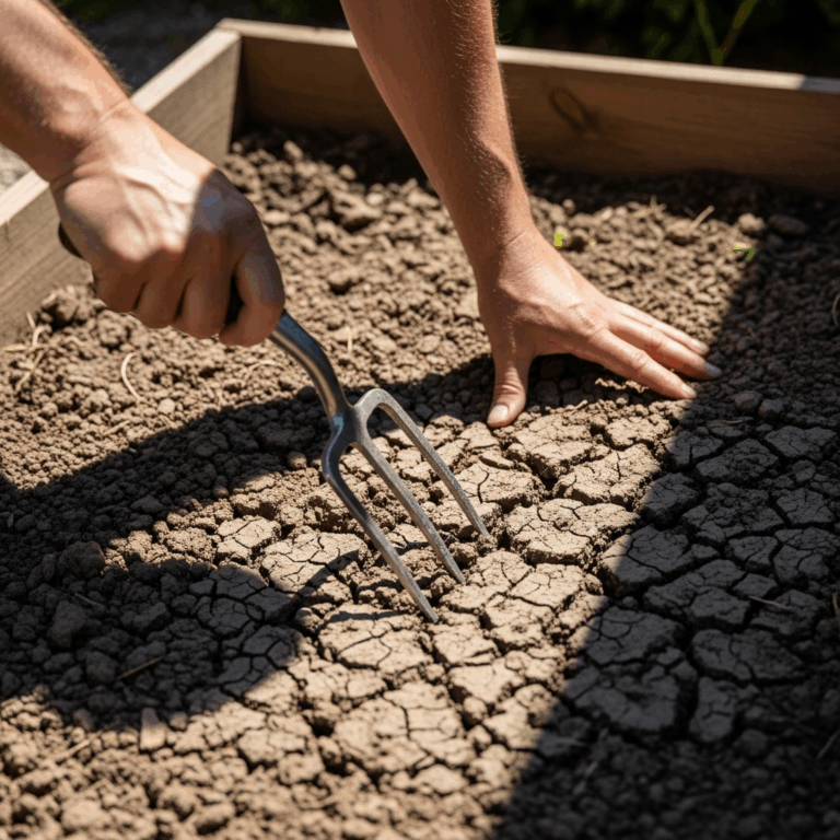 raised garden bed with compacted dry cracked soil showing ga 20260331 134040