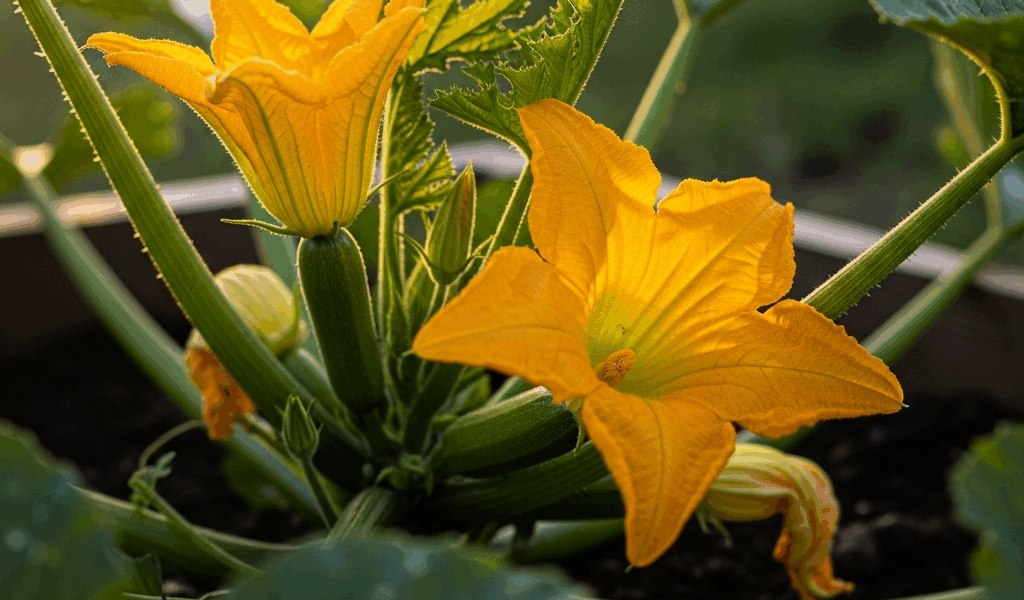 zucchini plant with large golden yellow flowers in raised ga 20260331 134030