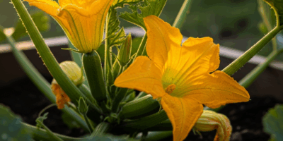 zucchini plant with large golden yellow flowers in raised ga 20260331 134030